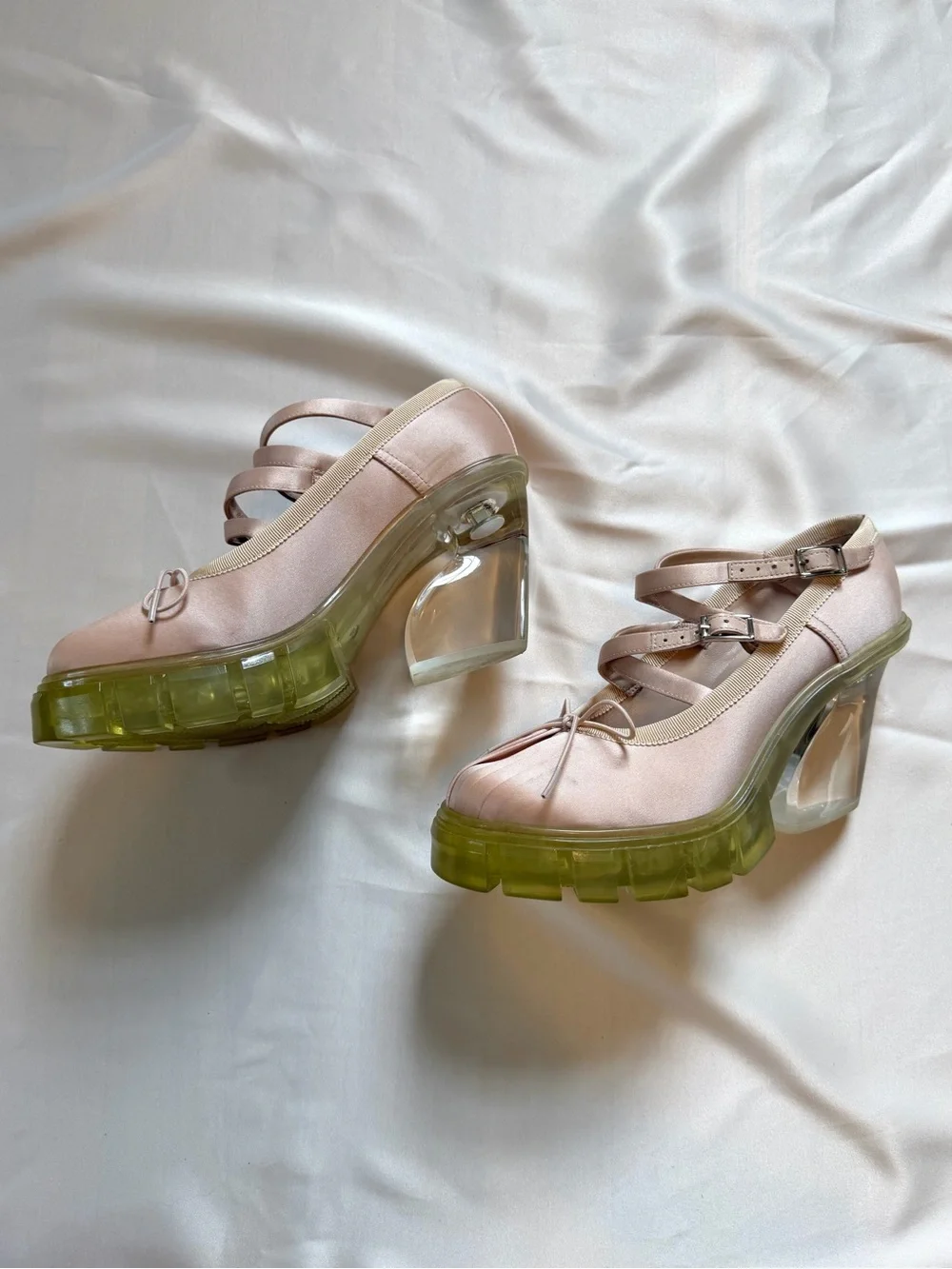 Simone Rocha Pink Leather Mary Jane Heels with Lime Green Translucent Soles